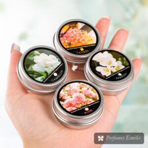 Bálsamo de Perfume en Lata Floral – Osmanto, Camelia o Rosa